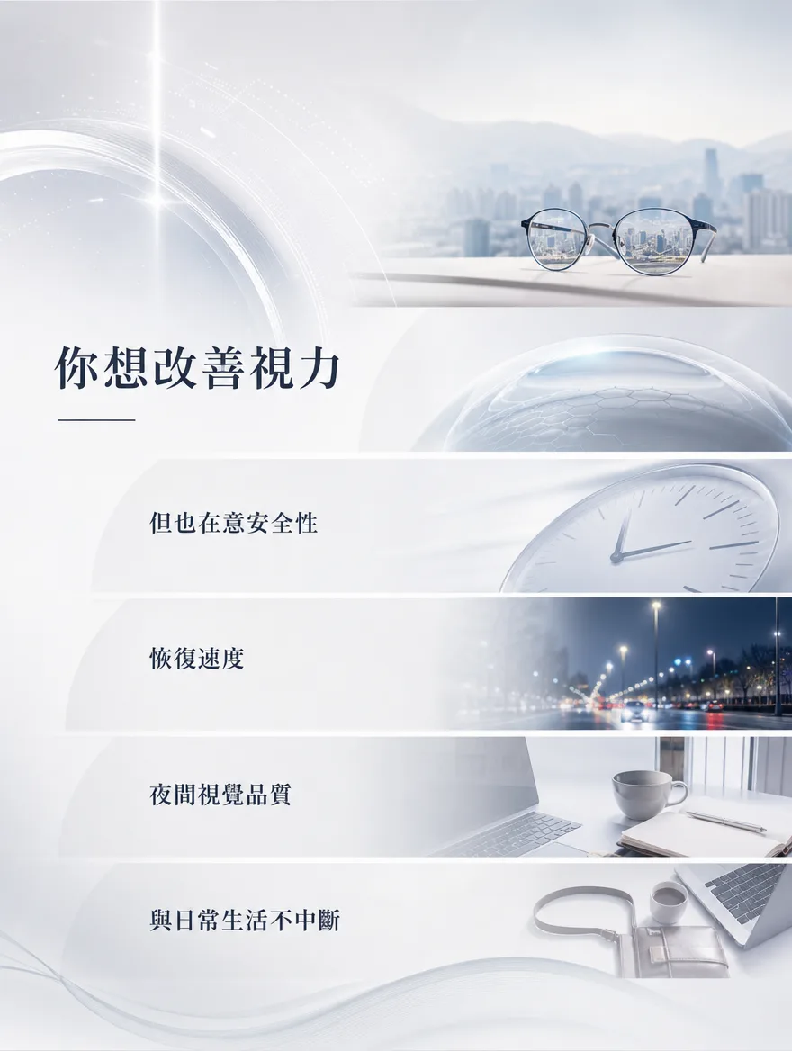 全雷射LASIK — 你想改善視力 — 但也在意安全性、恢復速度、夜間視覺品質，以及是否會中斷日常生活。