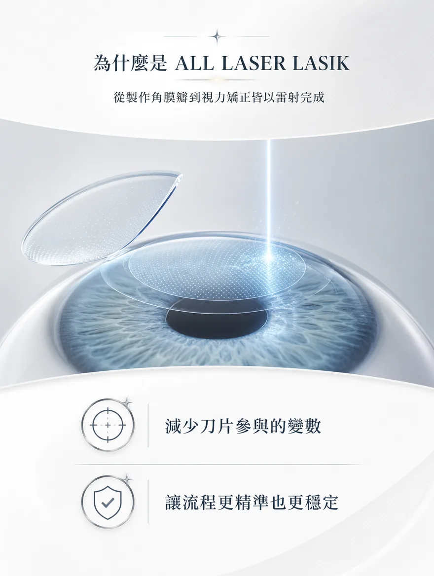 全雷射LASIK — 為什麼是 ALL LASER LASIK — 從製作角膜瓣到視力矯正皆以雷射完成，減少刀片參與的變數，讓流程更精準也更穩定。