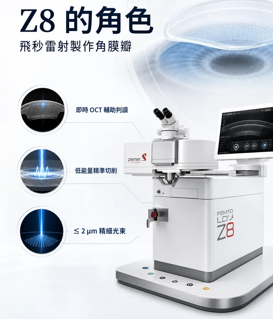 全雷射LASIK — Z8 的角色 — 以飛秒雷射製作角膜瓣：即時OCT輔助判讀、低能量精準切削、≤2μm的精細光束。