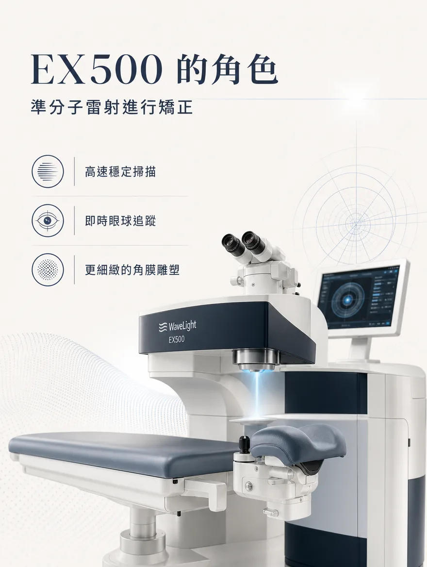 全雷射LASIK — EX500 的角色 — 以準分子雷射進行矯正：高速穩定掃描、即時眼球追蹤、更細緻的角膜雕塑。