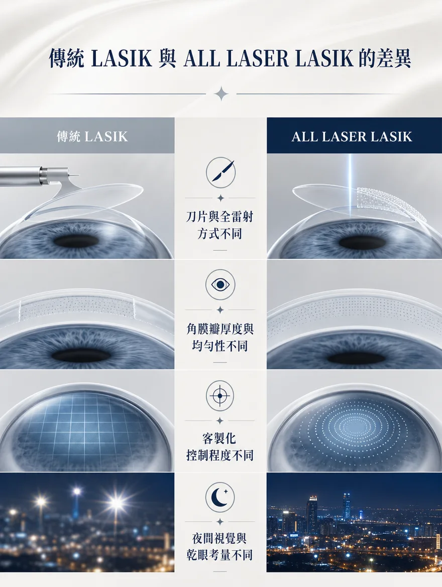 全雷射LASIK — 傳統LASIK與ALL LASER LASIK的差異 — 刀片與全雷射方式不同、角膜瓣厚度與均勻性不同、客製化控制程度不同、夜間視覺與乾眼考量不同。