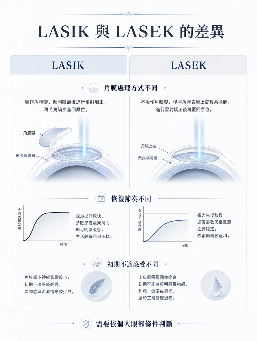 全雷射LASIK — LASIK與LASEK的差異 — 角膜處理方式不同：LASIK製作角膜瓣後雷射矯正再覆位；LASEK不製作角膜瓣，僅輕柔掀起角膜表層上皮後矯正再覆回。恢復節奏也不同，LASIK視力提升較快，多數患者隔天視力即有明顯改善；LASEK視力恢復較慢，通常需數天至數週逐步穩定。初期不適感受也不同，LASIK角膜瓣下神經影響較小，初期不適較輕微；LASEK上皮層需覆回癒合，初期可能有較明顯的異物感、刺痛或流淚，屬正常修復過程。適合哪一種需依個人眼部條件判斷。