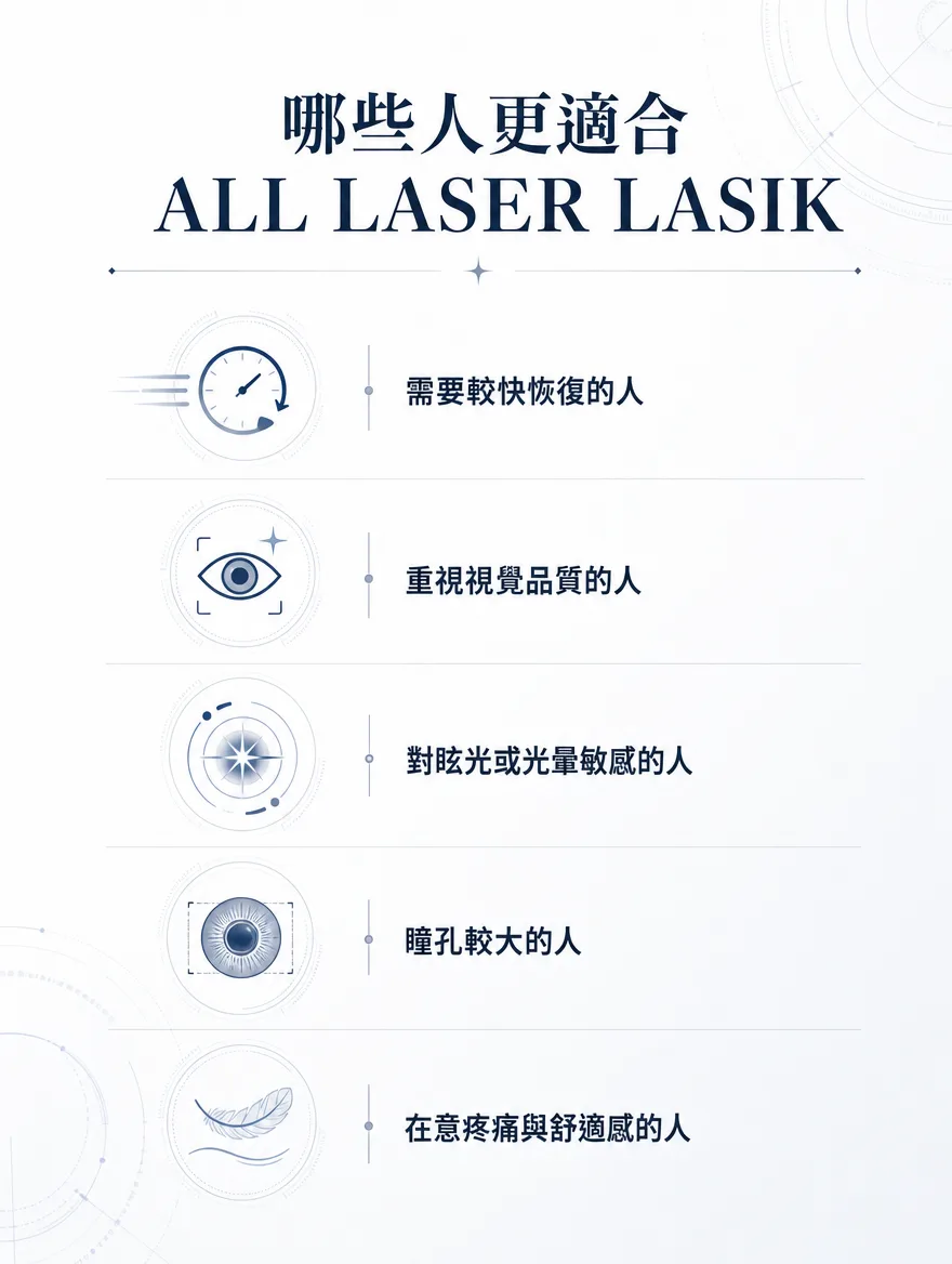 全雷射LASIK — 哪些人更適合 ALL LASER LASIK — 需要較快恢復的人、重視視覺品質的人、對眩光或光暈敏感的人、瞳孔較大的人，以及在意疼痛與舒適感的人。