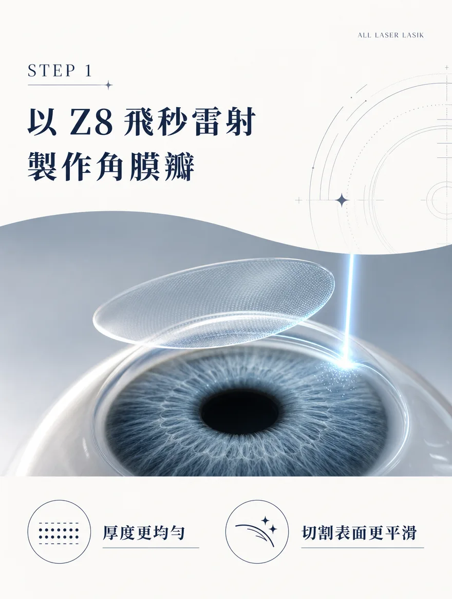 全雷射LASIK — 以 Z8 飛秒雷射製作角膜瓣 — 厚度更均勻、切割表面更平滑。