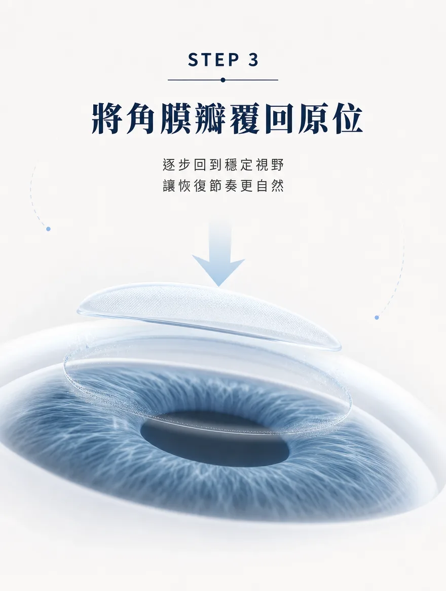 全雷射LASIK — 將角膜瓣覆回原位 — 逐步回到穩定視野，讓恢復節奏更自然。