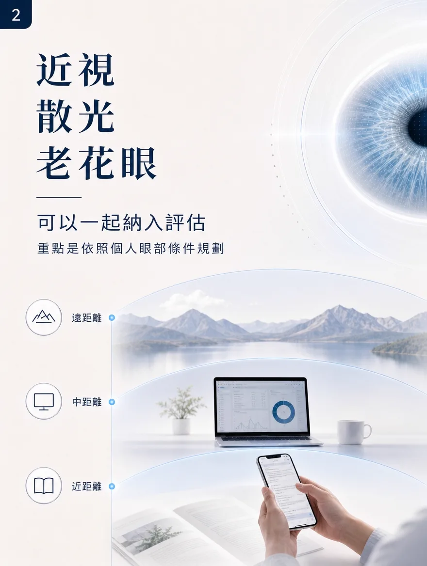 老花視力矯正術 — 近視・散光・老花眼,可依個人眼部條件從遠距離到近距離一起評估 — 老花眼經常與近視、散光同時出現,因此比起分開處理,更重要的是一起納入評估。從遠方的風景,到電腦螢幕前的中距離工作,再到手中滑手機、看書的近距離——以日常最常用眼的情境為基準,掌握遠距離・中距離・近距離各自需要的視力,是精準規劃的起點。重點是依照個人眼部條件規劃,而非一概而論。