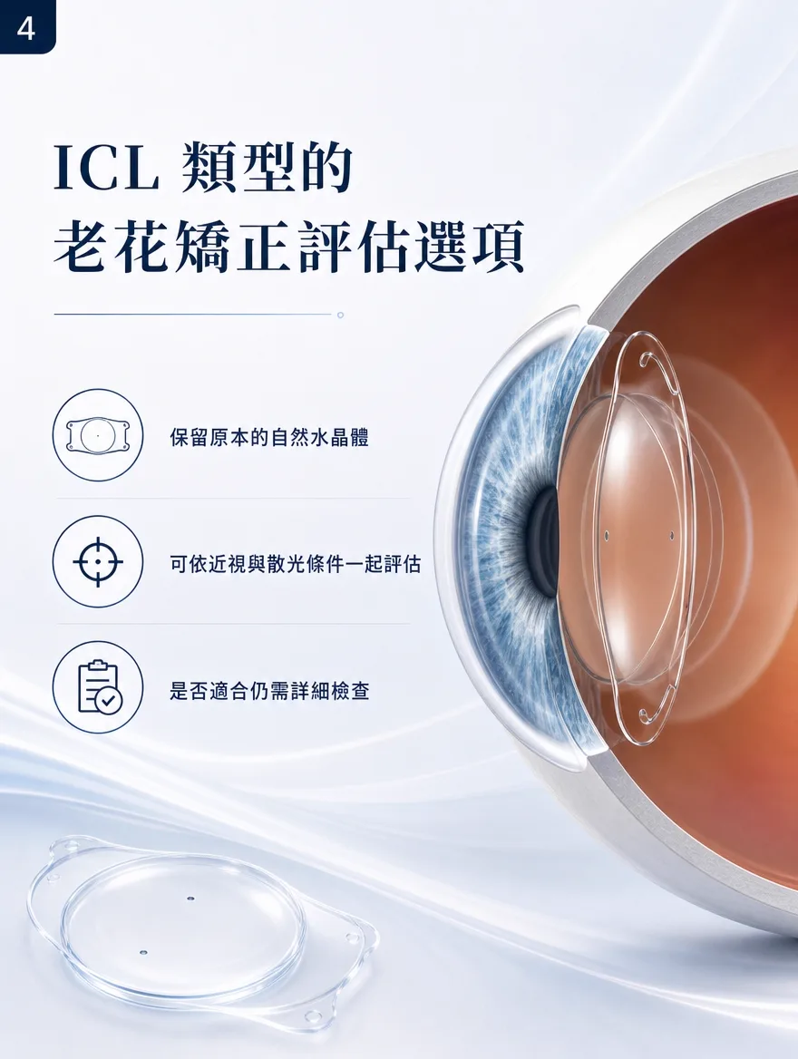 老花視力矯正術 — ICL類型的老花矯正評估選項 — ICL(植入式隱形眼鏡)是在保留眼睛原本自然水晶體的前提下,於虹膜後方植入一片薄鏡片以補足對焦能力的方式。特點是可依近視與散光條件一起評估,且不需削切角膜,這與雷射矯正的處理方式不同。不過同樣並非人人適合,是否適合仍需透過檢查前房深度、眼內空間等詳細檢查後才能判斷。