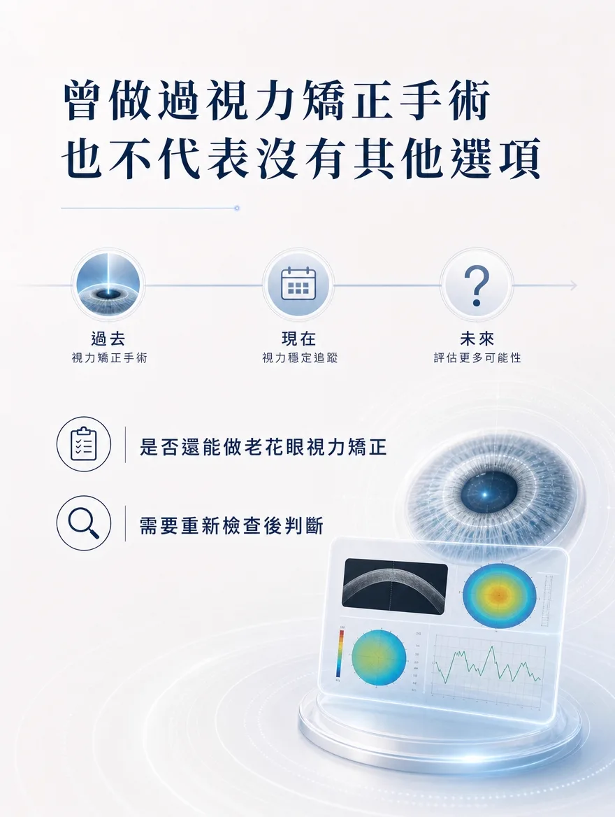 老花視力矯正術 — 曾做過視力矯正手術,也不代表沒有其他選項 — 過去──接受視力矯正手術的那段時期,現在──視力穩定維持至今,來到老花這個新的變化面前,是時候重新檢視未來的可能性了。曾經做過LASIK、LASEK等手術的人,是否還能進行老花矯正是另一回事,需要透過重新檢查角膜狀態與目前的屈光度數來判斷。與其憑印象自行排除選項,建議以現在的眼睛狀態為準,重新接受評估。