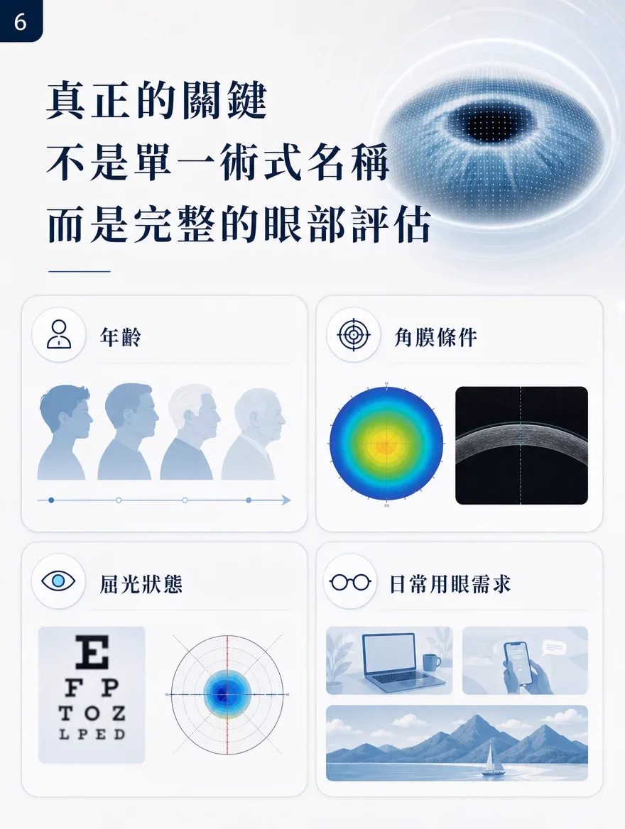 老花視力矯正術 — 真正的關鍵不是單一術式名稱,而是完整的眼部評估 — 許多人來院時已預先鎖定老花LASIK、ICL等特定術式名稱,但真正決定方向的,是綜合年齡、角膜條件、屈光狀態,以及日常用眼習慣等多項因素的評估。隨年齡而變化的眼睛狀態、角膜地圖與厚度等角膜條件、以視力表與屈光檢查確認的屈光狀態,加上筆電、手機、開車等常用距離在內的日常用眼需求——唯有將這四項一起檢視,才能真正描繪出適合的方向。