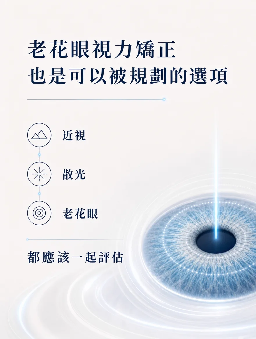 老花視力矯正術 — 近視・散光・老花眼,都應該一起評估 — 老花眼視力矯正不再是例外,而是可以被規劃的選項。在矯正近視與散光的同時,若能一併考慮老花眼,就能透過一次精密檢查釐清眼睛整體的方向。無論最終選擇雷射矯正、ICL,或是先觀察追蹤,都應優先透過精密檢查與諮詢,一起找出適合眼睛的方法。
