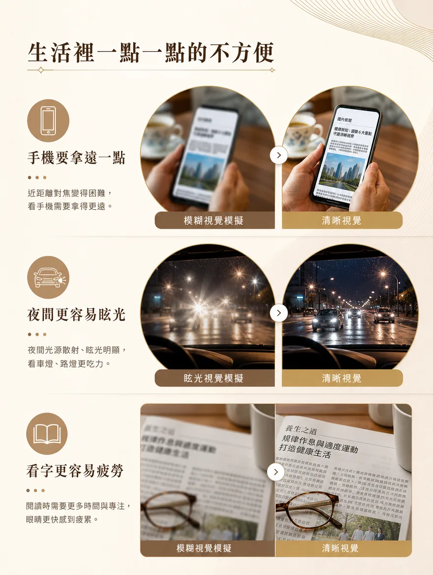 白內障手術 — 手機要拿遠一點，夜晚更容易眩光，看字更容易疲勞 — 改變不會一次到來，而是在生活中一點一點累積。滑手機時螢幕越拿越遠，夜間開車時對向來車的燈光顯得特別散射，讀報紙或書時比以前更需要明亮的光線與更長時間的專注。事實上，隨著白內障進展，也可能同時出現物體重影、顏色看起來偏黃褪色，以及即使更換眼鏡度數視力仍難以矯正等特徵。若這些小小的不便反覆出現，就是該檢視眼睛變化的時候了。