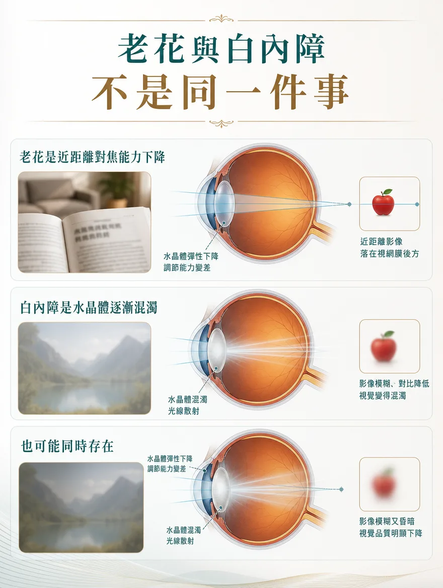白內障手術 — 老花與白內障，不是同一件事 — 老花是水晶體彈性與調節力下降，導致難以對焦於近距離的變化，近距離影像會落在視網膜後方，使近處字體變得模糊。相對地，白內障則是水晶體本身逐漸混濁、光線散射，使影像模糊、對比降低的變化。兩者成因不同，但常常在同一時期一起出現，因此透過精密檢查判斷模糊究竟是來自調節力下降還是水晶體混濁，對於制定正確的治療方向十分重要。