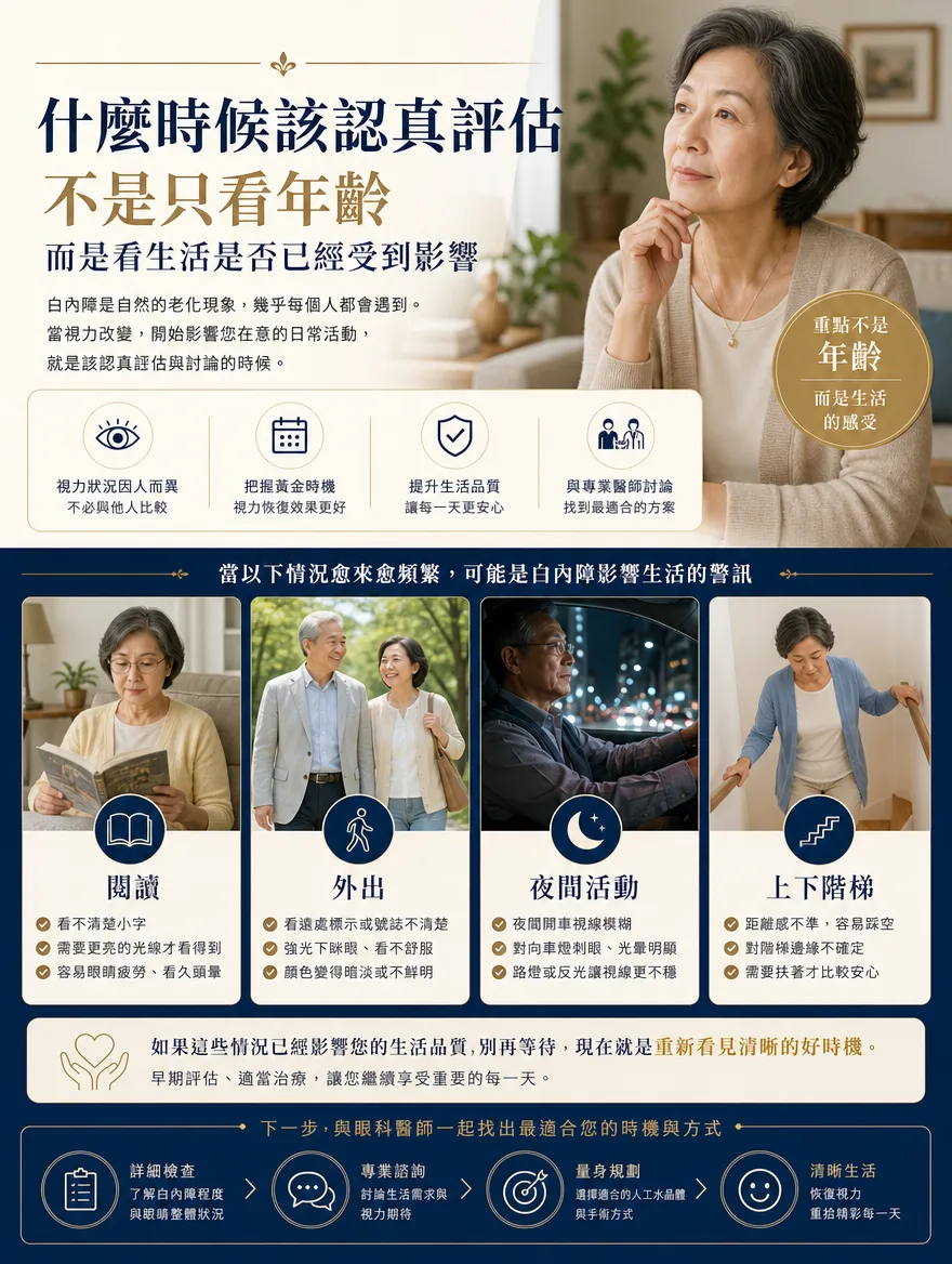 白內障手術 — 什麼時候該認真評估？重點不是年齡，而是生活的感受 — 白內障是幾乎每個人隨年齡增長都會遇到的自然老化現象。因此該認真評估的時機，關鍵不在年齡，而在於生活中重視的活動是否已經受到影響。閱讀時看不清小字、是否需要更亮的光線；外出時看遠處標示或號誌是否模糊；夜間開車時對向車燈是否特別刺眼；上下樓梯時距離感是否不準、容易踩空——若這些情況愈來愈頻繁，別再等待，現在就是重新看見清晰視野的好時機。及早評估、適當治療，才能守護您重要的每一天。