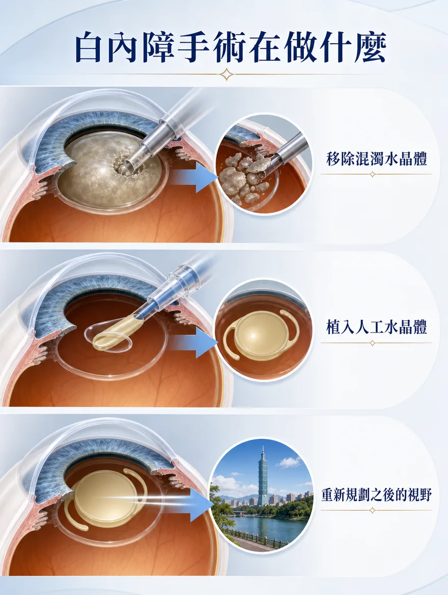 白內障手術 — 移除混濁水晶體，植入人工水晶體 — 白內障手術是移除已混濁的水晶體，並在原位置植入透明的人工水晶體（IOL）以恢復視力的治療。目前以超音波晶體乳化術（Phaco）為標準術式，透過微小切口將混濁的水晶體粉碎並吸出移除，再於排空的囊袋內植入依患者眼睛量身計算度數的人工水晶體，使其穩定定位。可以說，這是一段重新讓光線清楚聚焦、找回清晰視野的過程。
