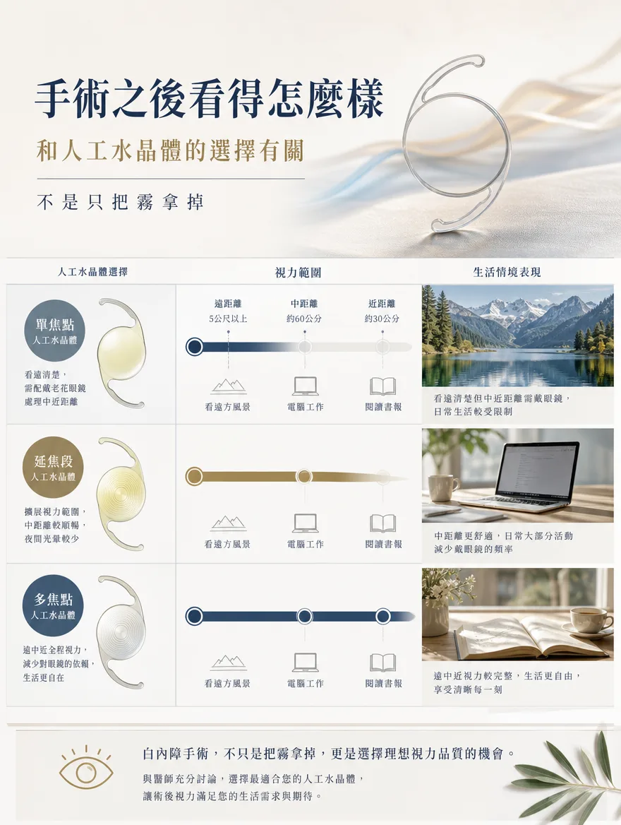 白內障手術 — 手術之後看得怎麼樣，和人工水晶體的選擇有關——不是只把霧拿掉 — 人工水晶體大致分為單焦點、延焦段（EDOF）、多焦點三種，各自支援的視力範圍不同。單焦點鏡片聚焦在遠距離（約5公尺以上），看遠清楚，但中近距離仍需配戴老花眼鏡。延焦段鏡片能自然銜接遠距離到中距離（約60公分），有助於降低使用電腦等中距離活動時對眼鏡的依賴。多焦點鏡片則能廣泛支援遠、中、近距離（約30公分），有助於不戴眼鏡也能應付生活中各種距離的需求。白內障手術不只是把霧拿掉，更是選擇理想視力品質的機會。