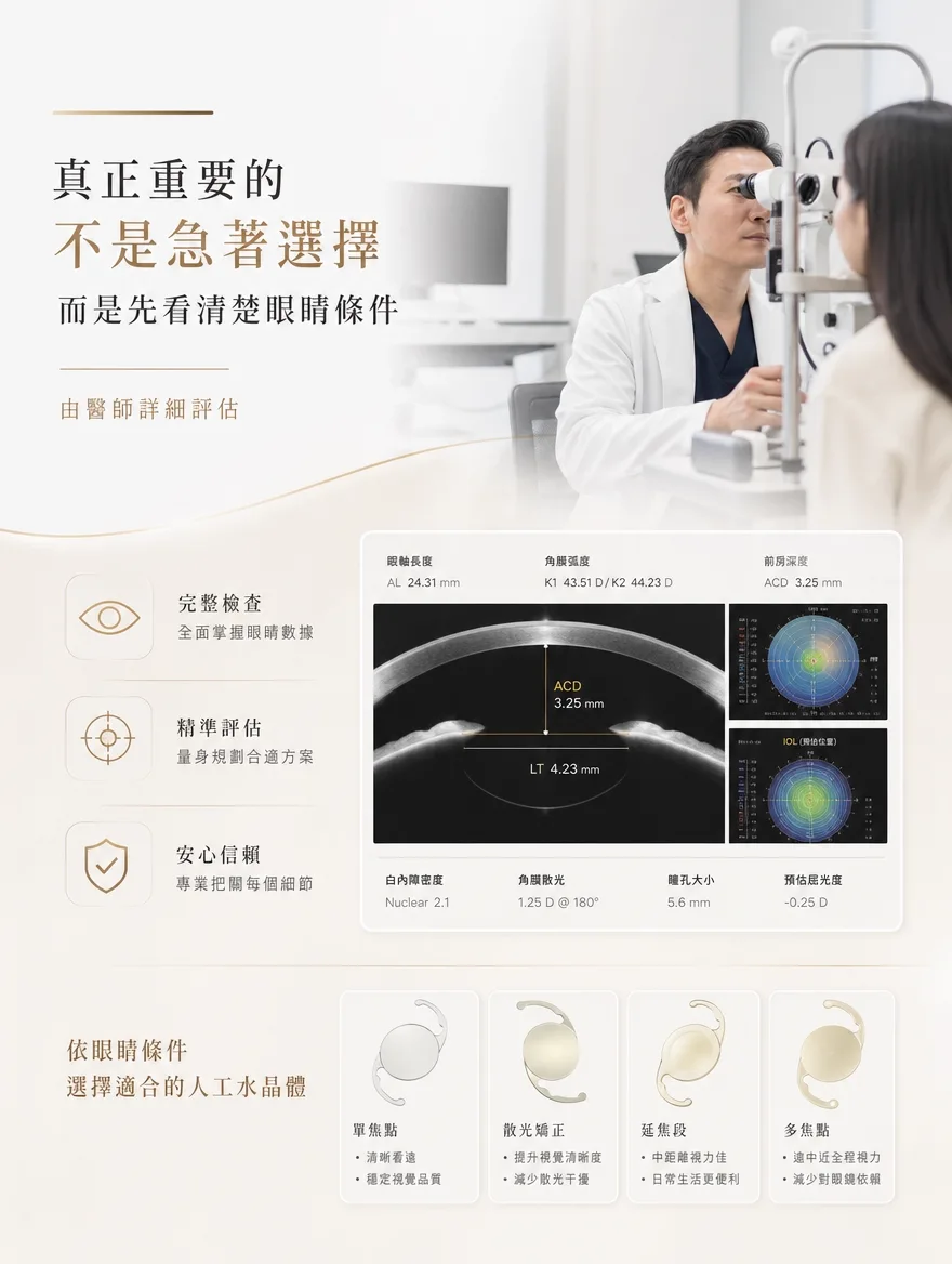 白內障手術 — 真正重要的不是急著選擇，而是先看清楚眼睛條件 — 人工水晶體是一輩子留在眼內的鏡片，因此謹慎選擇十分重要。眼軸長度與角膜弧度、前房深度等眼球測量值，白內障混濁程度，角膜散光的有無與程度，乃至瞳孔大小——綜合多項精密檢查數據計算預估屈光度，並依此在單焦點、散光矯正（Toric）、延焦段、多焦點之中，篩選出符合眼睛條件的鏡片。若有散光，選用散光矯正型鏡片一併矯正散光，可望獲得更清晰的視野。與醫師一起確認數據並做出決定的這個過程，將左右手術成效的滿意度。
