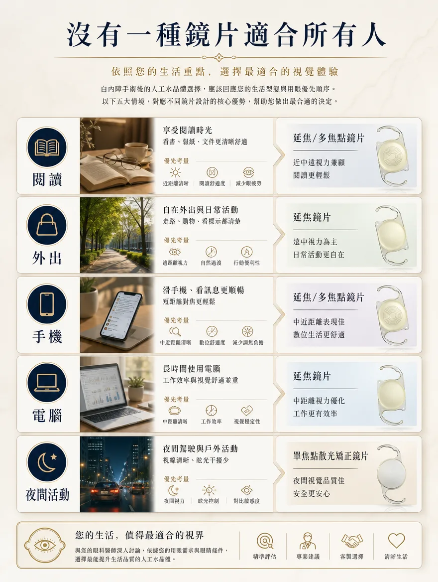 白內障手術 — 閱讀、外出、手機、電腦、夜間活動——生活重點決定答案 — 沒有一種鏡片適合所有人。若閱讀與文書工作較多，能廣泛支援近、中、遠距離的延焦／多焦點鏡片有助於更輕鬆地閱讀；若散步、購物等外出活動頻繁，以遠距離視力為主、過渡自然的延焦鏡片會更合適。經常滑手機的人適合中近距離表現佳的鏡片；長時間使用電腦則以優化中距離視力的鏡片提升效率；夜間駕駛較多、對眩光敏感者，可考慮以視覺品質與安全為優先的單焦點（散光矯正）鏡片。最終答案，是與眼科醫師深入討論後，依據您的用眼優先順序量身選擇。