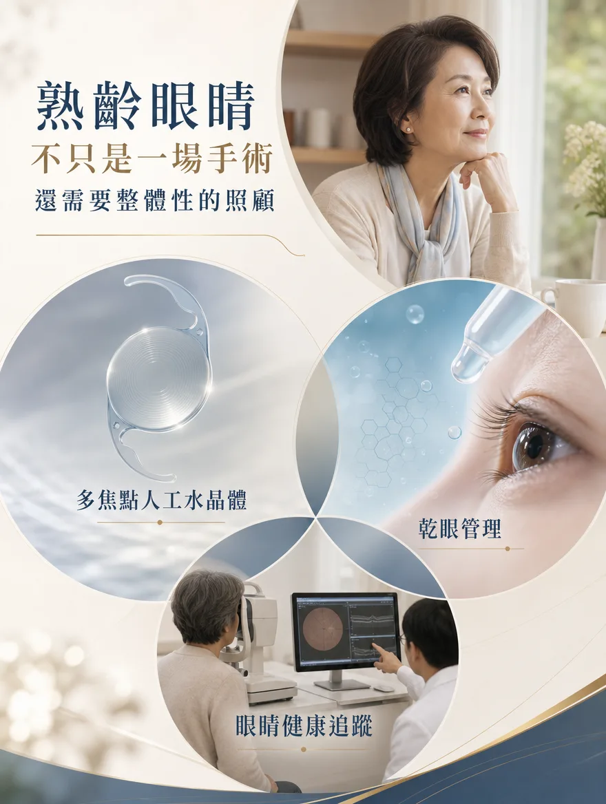 白內障手術 — 熟齡眼睛不只是一場手術，還需要整體性的照顧 — 白內障手術之後，眼睛健康管理仍會持續。依醫師建議定期回診檢查，追蹤人工水晶體位置、眼壓、視力與眼底健康，才能及早發現、及早處理。術後仍可能殘留乾澀、異物感，因此規律使用人工淚液、溫熱敷、保持環境濕潤，並攝取富含Omega-3的均衡飲食，打造良好的眼表環境，有助於提升視覺舒適度與品質。此外，除了白內障，熟齡眼睛也需要留意其他眼部疾病的風險，外出防曬（配戴太陽眼鏡）、透過定期檢查早期發現、均衡飲食補充營養、避免過度用眼——這些生活習慣的累積，才是守護長期視力健康的關鍵。