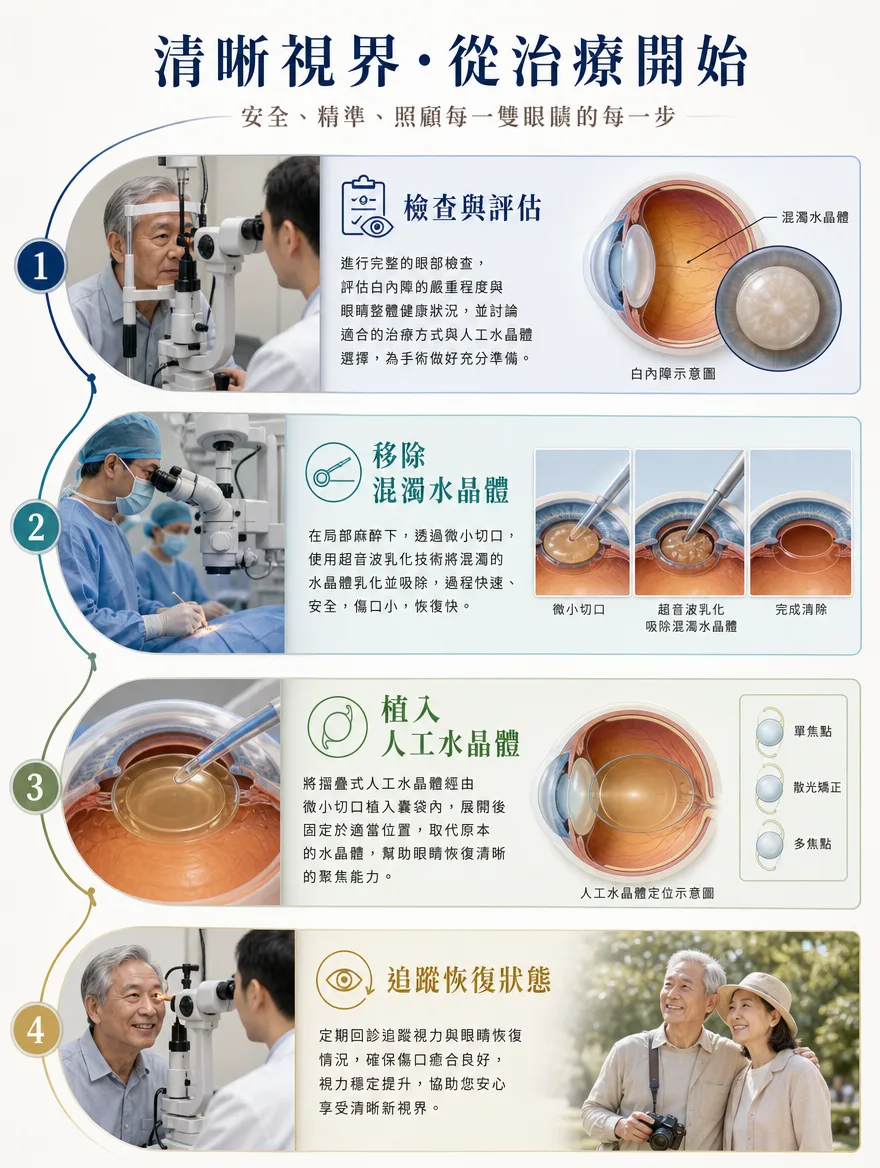 白內障手術 — 清晰視界，從治療開始——安全、精準的四個步驟 — ①檢查與評估——進行完整的眼部檢查，評估白內障的嚴重程度與眼睛整體健康狀況，並一同討論合適的人工水晶體。②移除混濁水晶體——局部麻醉後，透過微小切口以超音波乳化技術將混濁的水晶體分解並吸除，過程快速、切口小，恢復相對輕鬆。③植入人工水晶體——將摺疊式人工水晶體經由同一微小切口植入囊袋內，展開後固定於適當位置，取代原本的水晶體，幫助眼睛恢復清晰的聚焦能力。④追蹤恢復狀態——透過定期回診確認視力與眼睛恢復情況，觀察傷口是否癒合良好、視力是否穩定提升。