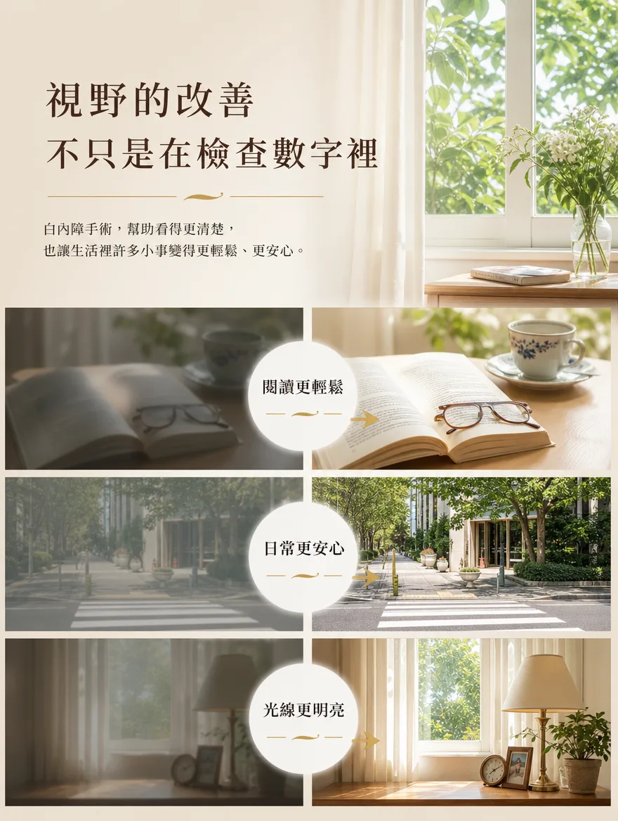 白內障手術 — 視野的改善，不只是在檢查數字裡 — 白內障手術幫助看得更清楚，也讓生活裡的許多小事變得更輕鬆、更安心。讀書時眼睛不再像以前那樣容易疲勞，散步或外出時路標與號誌重新變得清晰、步伐更安心，家中的光線也感覺比以前更明亮清楚。檢查數字的改善固然重要，但唯有這份改變在日常的小小片刻中被真切感受到，手術的意義才算真正完整。