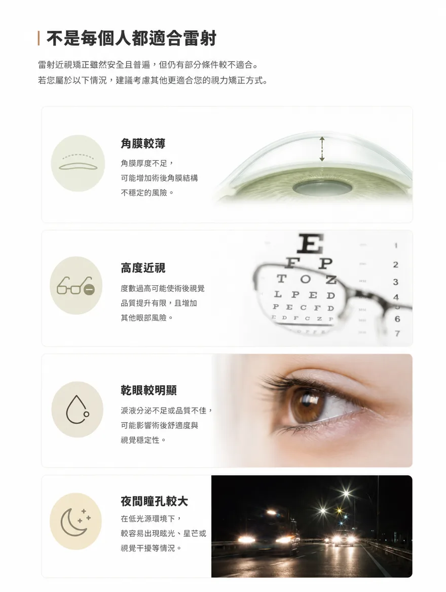眼內鏡片植入術(ICL) — 不是每個人都適合雷射 — 角膜較薄、高度近視、乾眼較明顯,或夜間瞳孔較大時,雷射近視矯正可能較不適合。