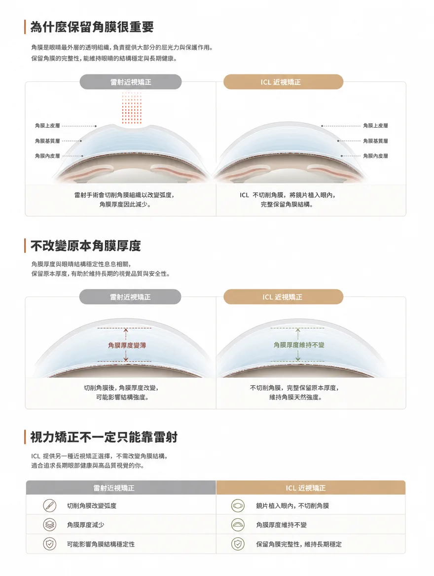 眼內鏡片植入術(ICL) — 為什麼保留角膜很重要 — 角膜是眼睛最外層的透明組織,負責提供大部分的屈光力與保護作用。雷射手術會切削角膜使厚度變薄,ICL 則不切削角膜,完整保留角膜結構與厚度。