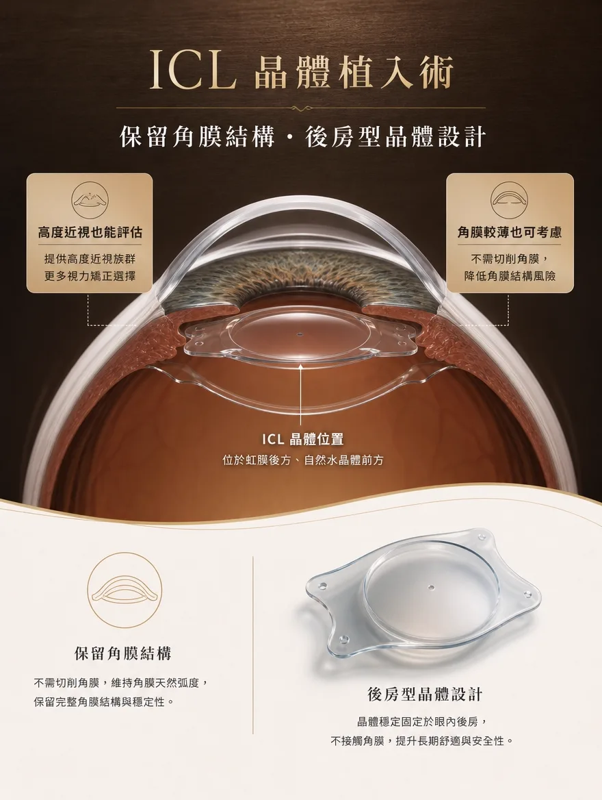 眼內鏡片植入術(ICL) — 保留角膜結構.後房型晶體設計 — ICL 晶體位於虹膜後方、自然水晶體前方。高度近視也能評估,角膜較薄也可考慮,且不需切削角膜,維持角膜天然弧度。