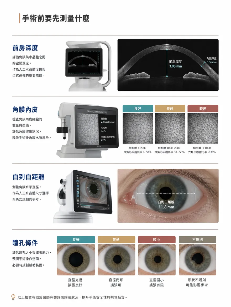 眼內鏡片植入術(ICL) — 手術前要先測量什麼 — 評估前房深度、角膜內皮細胞數量與型態、白到白距離(角膜水平直徑)、瞳孔大小與擴張能力,作為人工水晶體度數與型式選擇的重要依據。以上檢查有助於醫師完整評估眼睛狀況,提升手術安全性與視覺品質。