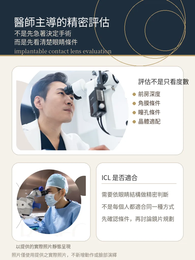 眼內鏡片植入術(ICL) — 醫師主導的精密評估 — 不是先急著決定手術,而是先看清楚眼睛條件。評估不是只看度數,還包含前房深度、角膜條件、瞳孔條件、晶體適配。ICL 是否適合,需要依眼睛結構做精密判斷,不是每個人都適合同一種方式,先確認條件,再討論鏡片規劃。
