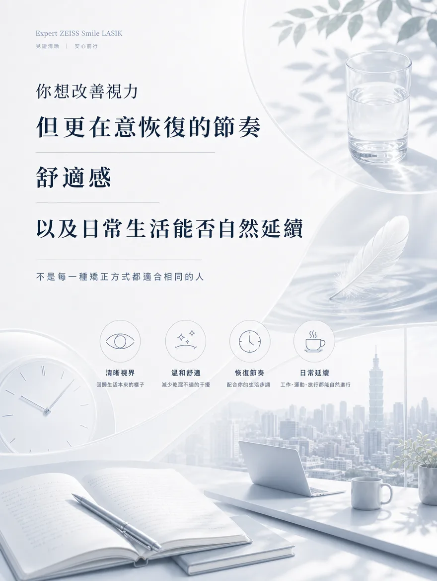 ZEISS SMILE LASIK — 你想改善視力，但更在意恢復的節奏、舒適感，以及日常生活能否自然延續 — 不是每一種矯正方式都適合相同的人。清晰視界：回歸生活本來的樣子．溫和舒適：減少乾澀不適的干擾．恢復節奏：配合你的生活步調．日常延續：工作、運動、旅行都能自然進行。