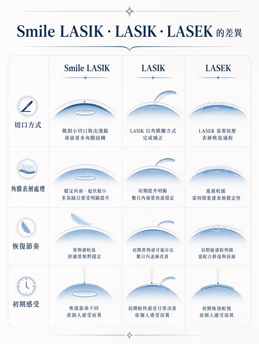 ZEISS SMILE LASIK — Smile LASIK．LASIK．LASEK 的差異 — 切口方式：Smile LASIK 以微創小切口取出透鏡，保留更多角膜結構；LASIK 以角膜瓣方式完成矯正；LASEK 需要經歷表層恢復過程。角膜表層處理：Smile LASIK 穩定向前、起伏較小，多為隔日感受明顯提升；LASIK 初期提升明顯，數日內視覺快速穩定；LASEK 進展較緩，需時間重建表層穩定性。恢復節奏：Smile LASIK 異物感較低、舒適度相對穩定；LASIK 初期異物感可能存在，數日內逐漸改善；LASEK 初期敏感較明顯，需配合修復與保濕。三者初期感受皆依個人狀況而異。