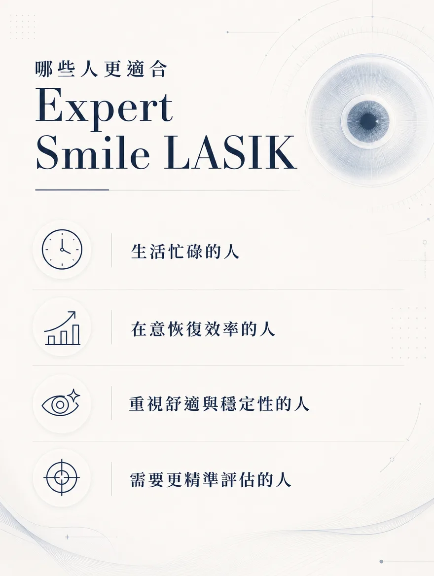 ZEISS SMILE LASIK — 哪些人更適合 Expert Smile LASIK — 生活忙碌的人．在意恢復效率的人．重視舒適與穩定性的人．需要更精準評估的人。