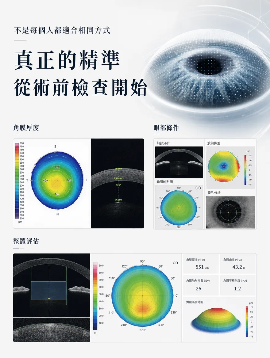 ZEISS SMILE LASIK — 真正的精準從術前檢查開始 — 角膜厚度、前部分析、波前像差、角膜地形圖、瞳孔分析等進行整體評估，例如角膜厚度（中央）551µm、角膜曲率（中央）43.2D、角膜地形指數（ISV）26、角膜不規則度（IHA）1.2。