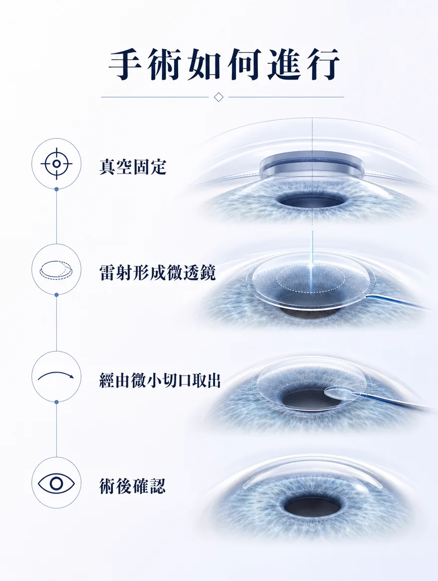 ZEISS SMILE LASIK — 手術如何進行 — 真空固定．雷射形成微透鏡．經由微小切口取出．術後確認。
