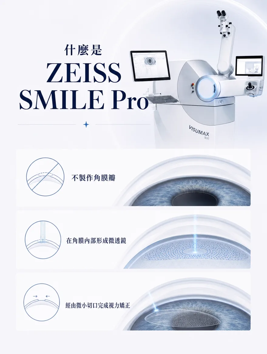 ZEISS SMILE Pro — 什麼是 ZEISS SMILE Pro — 不製作角膜瓣，以雷射在角膜內部精準形成微透鏡，經由微小切口完成視力矯正