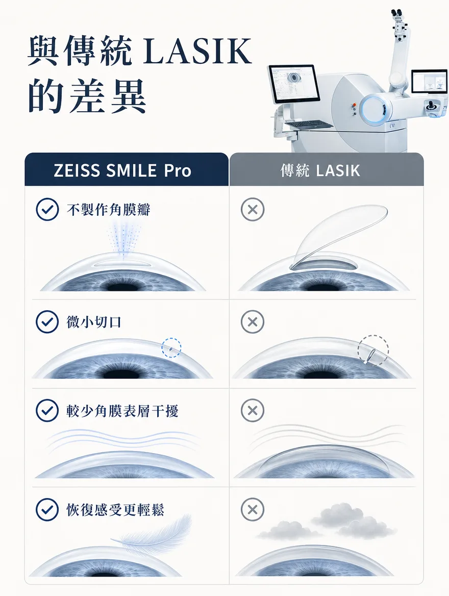 ZEISS SMILE Pro — 與傳統 LASIK 的差異 — 不製作角膜瓣、微小切口、較少角膜表層干擾、恢復感受更輕鬆