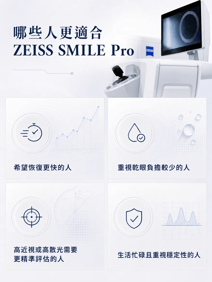 ZEISS SMILE Pro — 哪些人更適合 ZEISS SMILE Pro — 希望恢復更快的人、重視乾眼負擔較少的人、高近視或高散光需要更精準評估的人、生活忙碌且重視穩定性的人