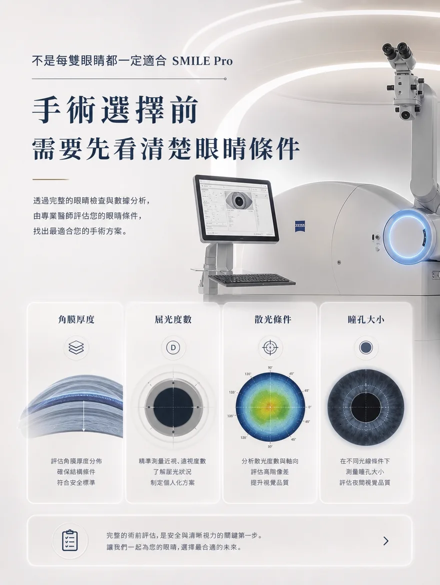 ZEISS SMILE Pro — 手術選擇前 需要先看清楚眼睛條件 — 透過角膜厚度、屈光度數、散光條件、瞳孔大小等完整的眼睛檢查與數據分析，由專業醫師評估眼睛條件，找出最適合的手術方案