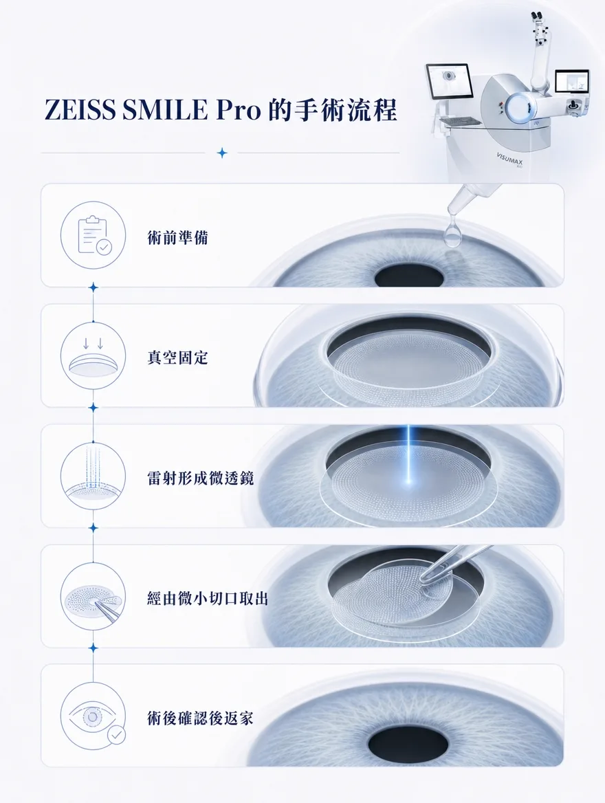 ZEISS SMILE Pro — ZEISS SMILE Pro 的手術流程 — 術前準備 → 真空固定 → 雷射形成微透鏡 → 經由微小切口取出 → 術後確認後返家