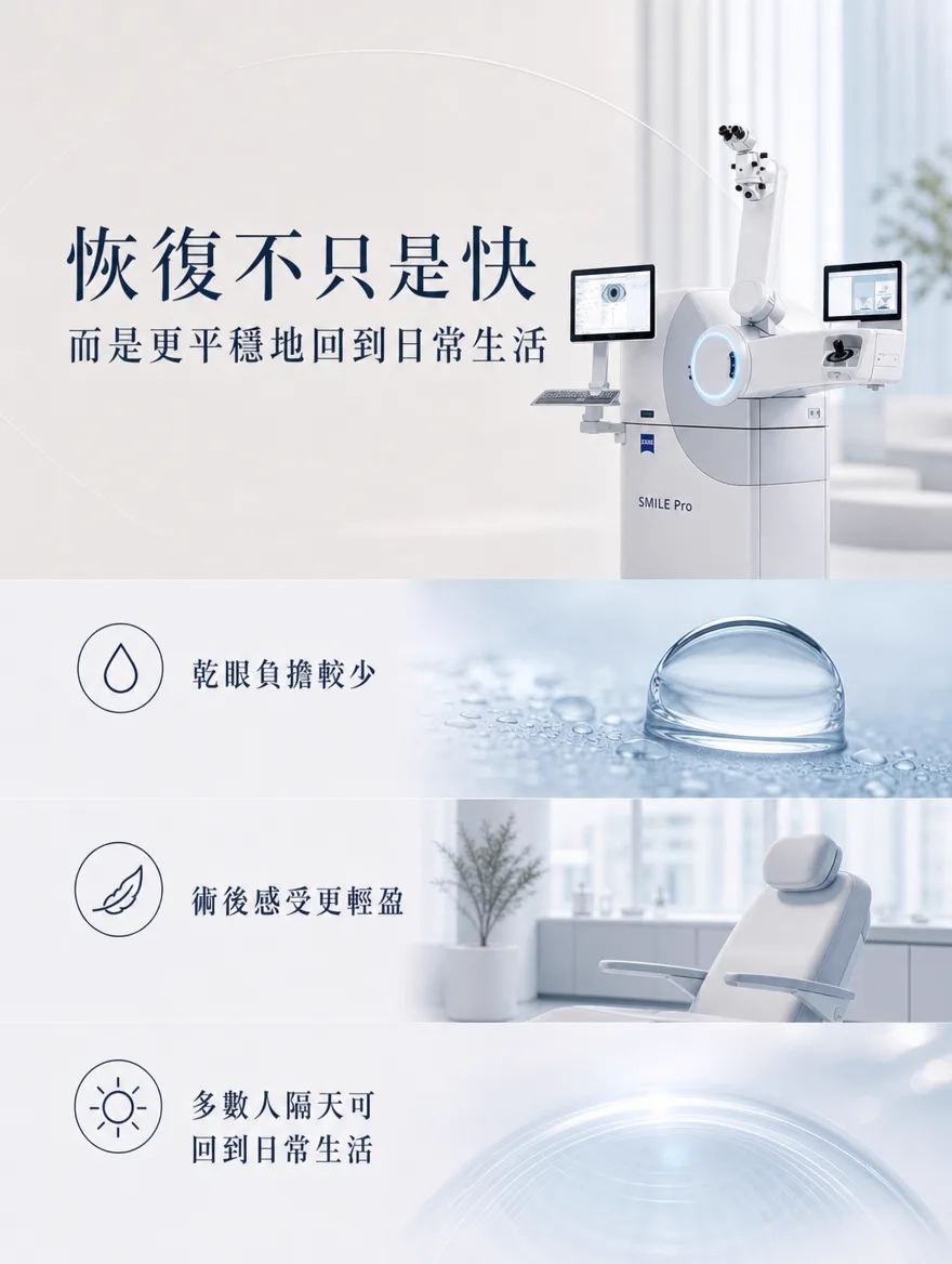 ZEISS SMILE Pro — 恢復不只是快 — 乾眼負擔較少、術後感受更輕盈、多數人隔天可回到日常生活