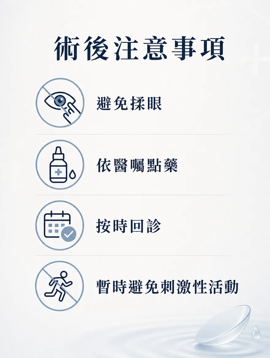 ZEISS SMILE Pro — 術後注意事項 — 避免揉眼、依醫囑點藥、按時回診、暫時避免刺激性活動