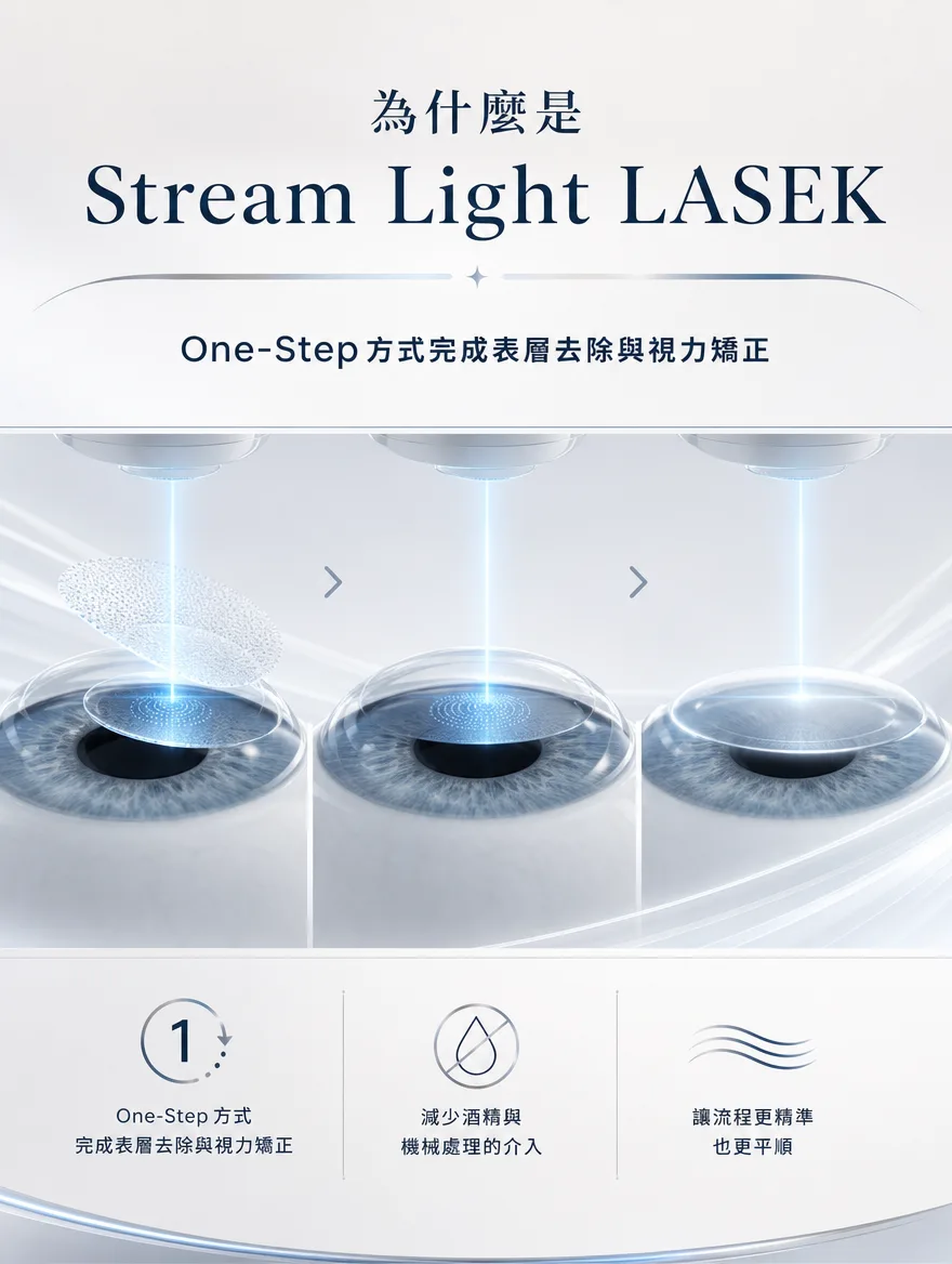 StreamLight 經上皮雷射(LASEK) — Stream Light LASEK — One-Step方式完成表層去除與視力矯正，減少酒精與機械處理的介入，讓整個流程更精準也更平順。