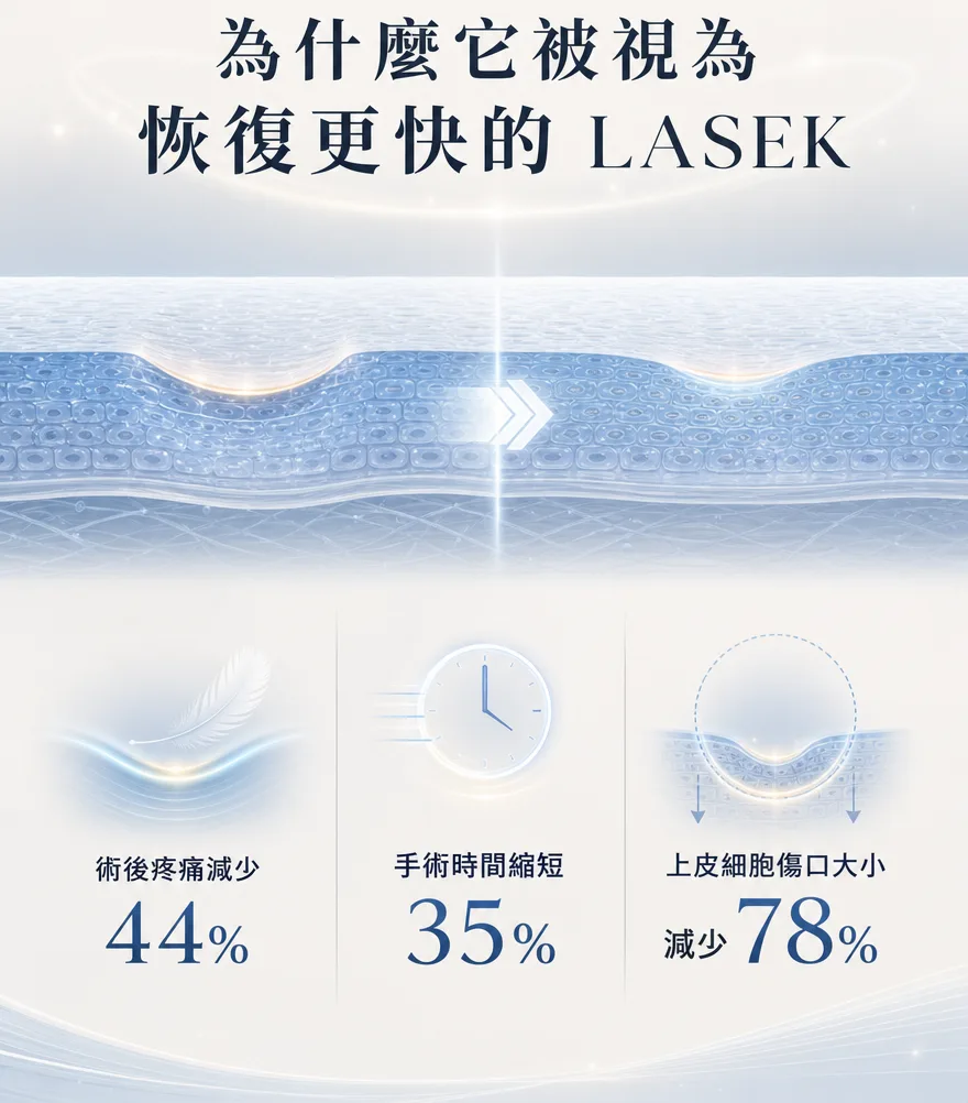 StreamLight 經上皮雷射(LASEK) — 為什麼它被視為恢復更快的LASEK — 術後疼痛減少44%，手術時間縮短35%，上皮細胞傷口大小減少78%。