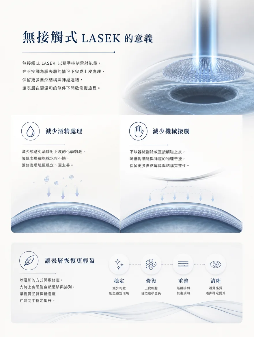 StreamLight 經上皮雷射(LASEK) — 無接觸式 LASEK 的意義 — 無接觸式LASEK以精準控制雷射能量完成上皮處理，不直接接觸角膜表層，保留更多自然結構與神經連結。減少酒精與機械接觸，讓表層在更溫和的條件下，經歷穩定、修復、重整到清晰的恢復歷程。