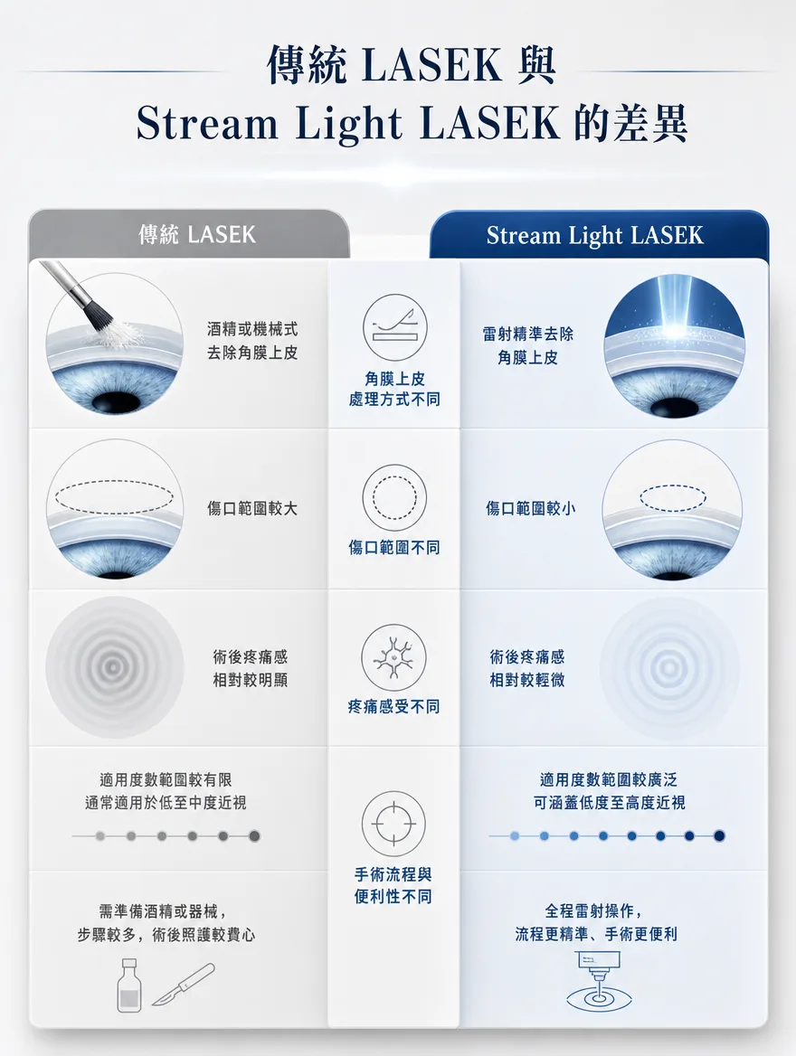 StreamLight 經上皮雷射(LASEK) — 傳統 LASEK 與 Stream Light LASEK 的差異 — 傳統LASEK以酒精或機械式去除角膜上皮，傷口範圍較大，術後疼痛感相對明顯，適用度數範圍較有限；Stream Light LASEK以雷射精準去除角膜上皮，傷口範圍較小，術後疼痛感相對較輕微，可涵蓋低度至高度近視，全程雷射操作，流程更精準、手術更便利。
