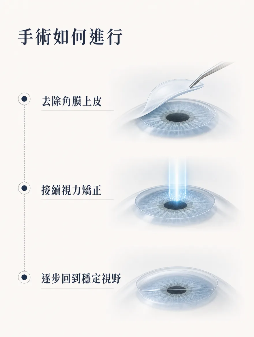 StreamLight 經上皮雷射(LASEK) — 手術如何進行 — 去除角膜上皮，接續視力矯正，逐步回到穩定視野。