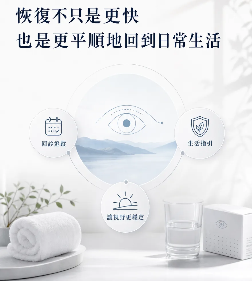 StreamLight 經上皮雷射(LASEK) — 恢復不只是更快，也是更平順地回到日常生活 — 回診追蹤、生活指引，讓視野更穩定，以溫和的方式陪伴您逐步回到日常。